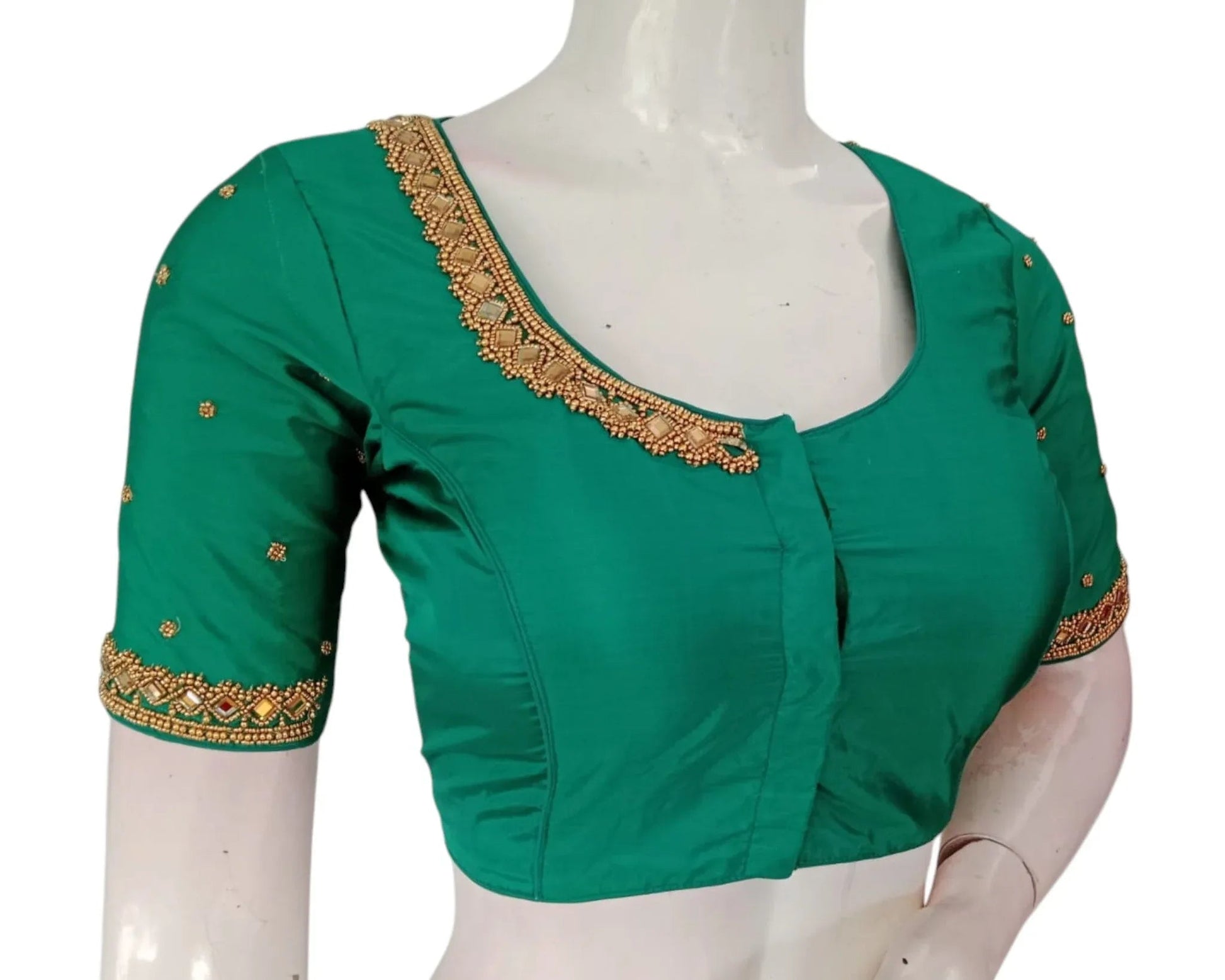 Rich Dark Teal Green Color Aari Handwork Wedding Silk Saree Blouse - D3blouses