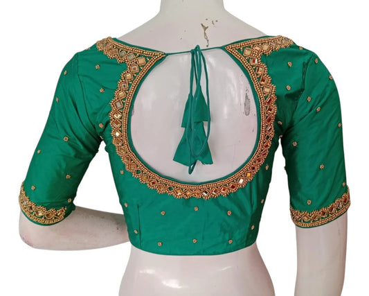 Rich Dark Teal Green Color Aari Handwork Wedding Silk Saree Blouse - D3blouses
