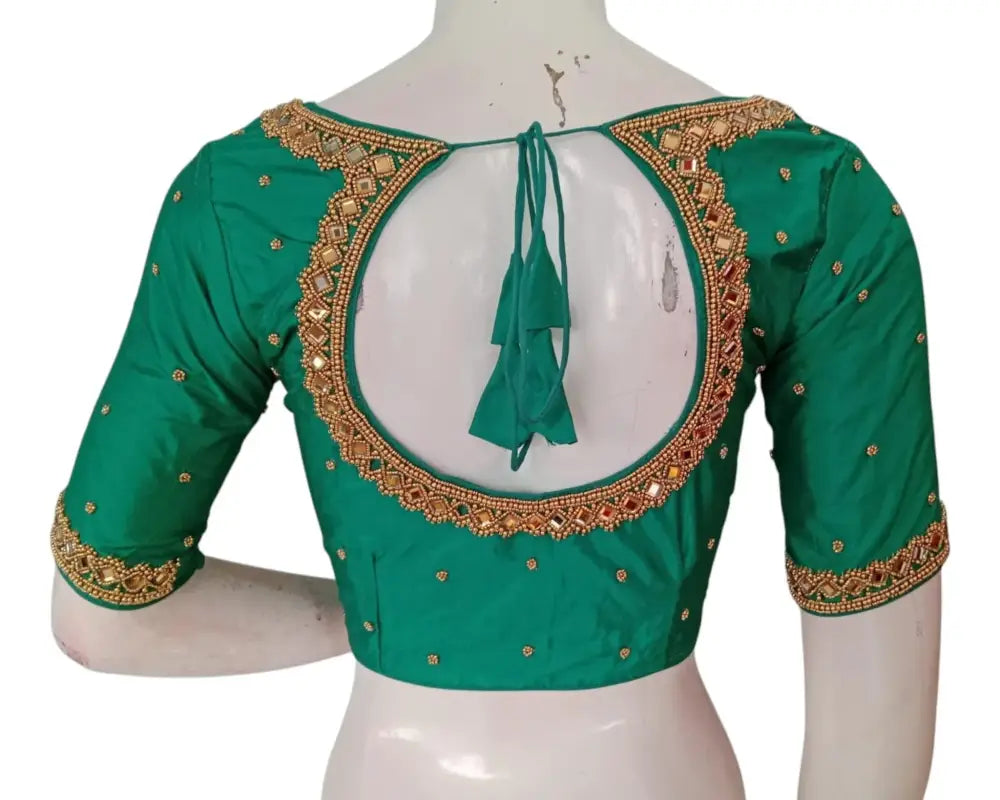 Rich Dark Teal Green Color Aari Handwork Wedding Silk Saree Blouse - D3blouses