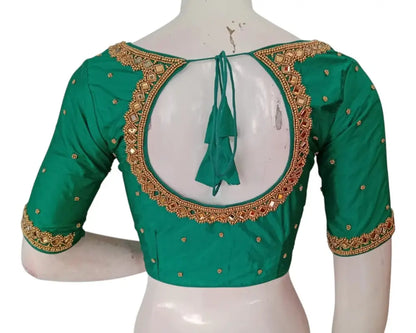 Rich Dark Teal Green Color Aari Handwork Wedding Silk Saree Blouse - D3blouses