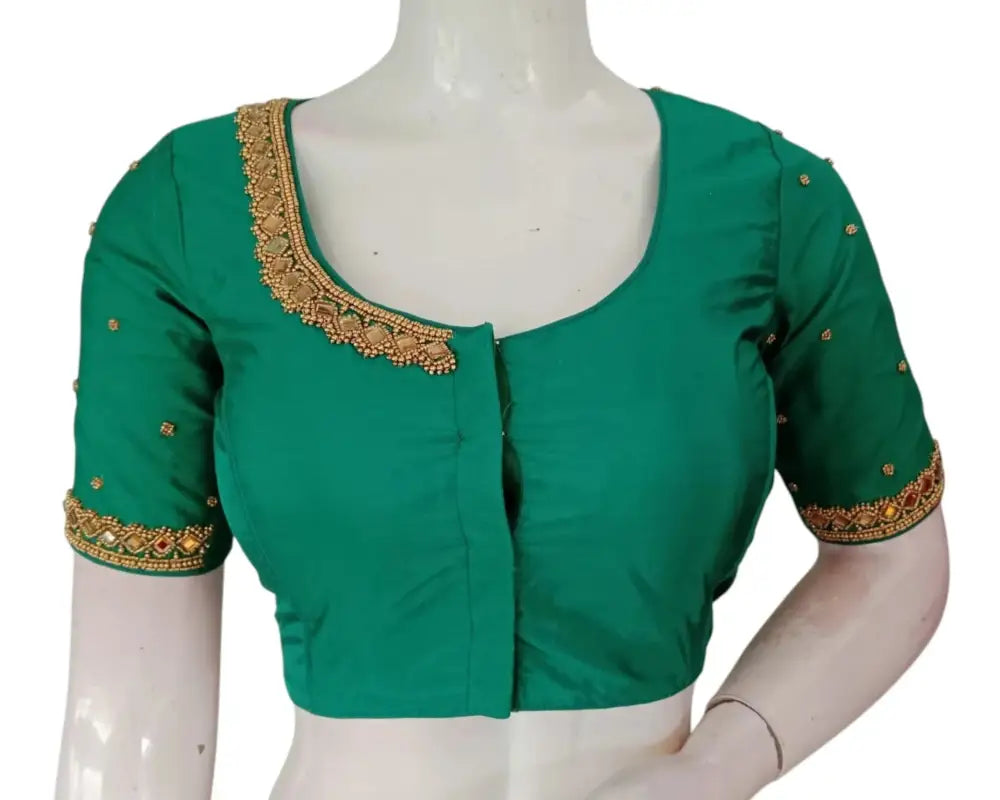 Rich Dark Teal Green Color Aari Handwork Wedding Silk Saree Blouse - D3blouses