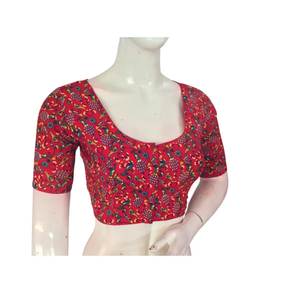 Romantic Red: Kalamkari Printed Cotton Readymade Blouse - D3blouses