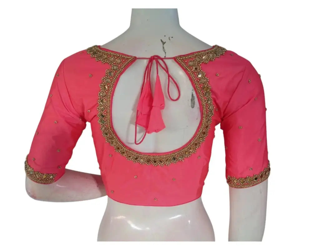 Roseate Radiance: Mirror Aari Handwork Wedding Silk Saree Blouse - D3blouses
