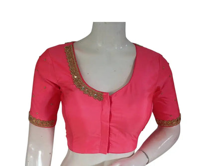 Roseate Radiance: Mirror Aari Handwork Wedding Silk Saree Blouse - D3blouses