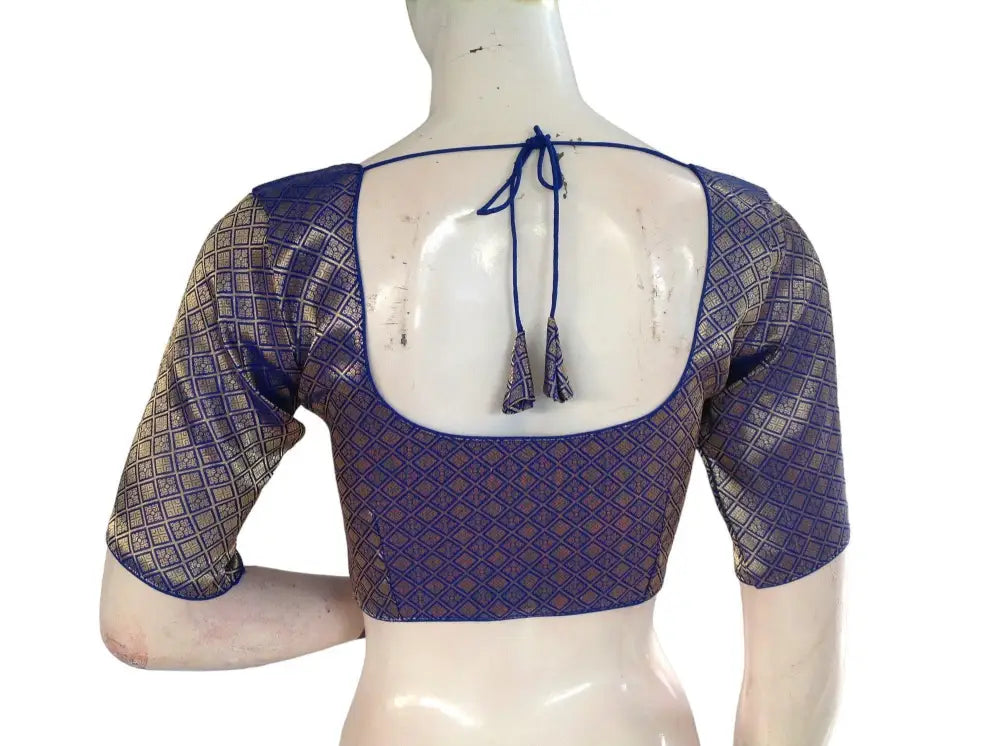 Royal Blue Color Brocade Readymade Saree Blouse, Indian Traditional Blouse - D3blouses