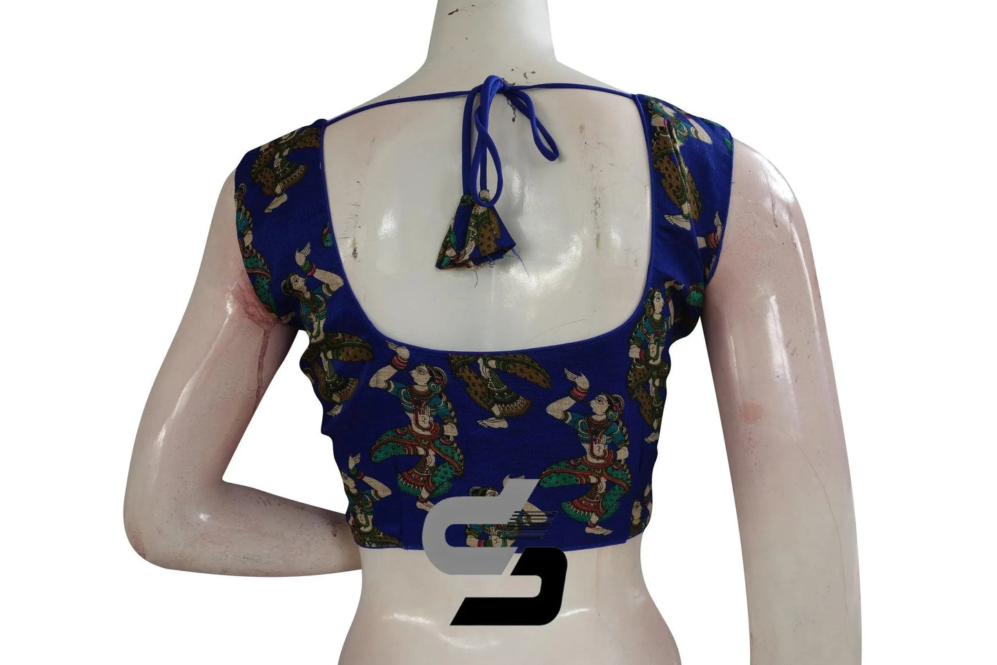 Royal Blue Color Printed silk Sleeveless Readymade saree blouse - D3blouses
