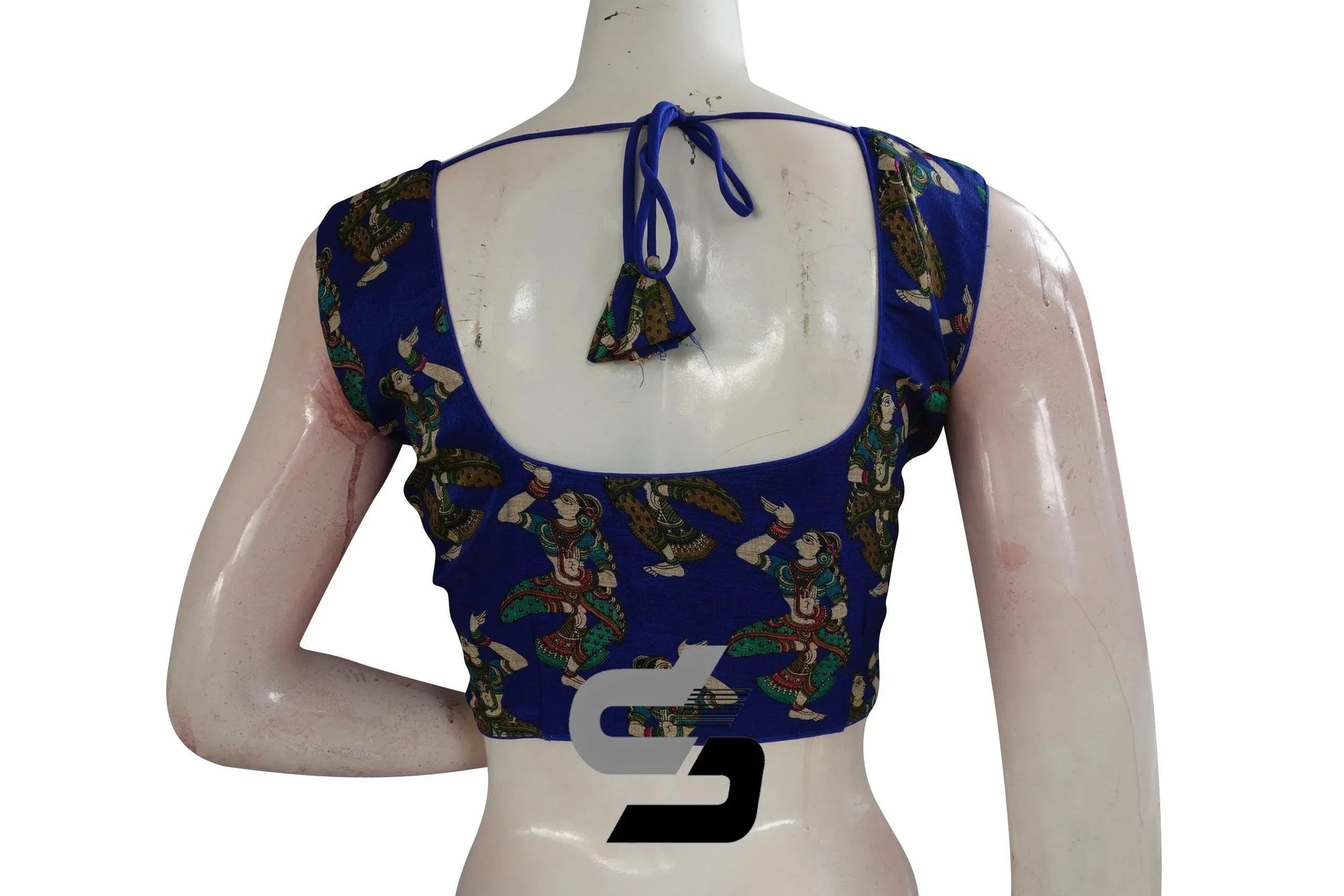 Royal Blue Color Printed silk Sleeveless Readymade saree blouse - D3blouses