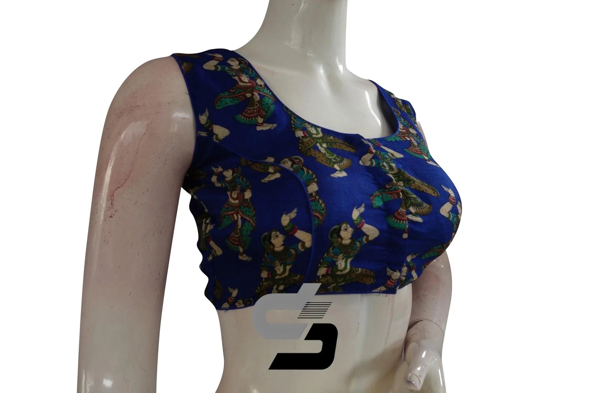 Royal Blue Color Printed silk Sleeveless Readymade saree blouse - D3blouses