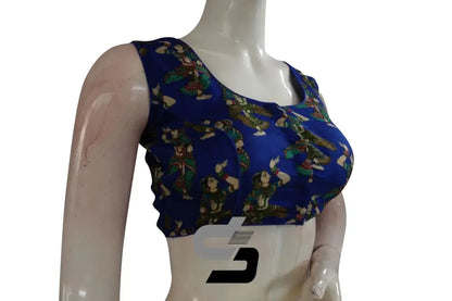 Royal Blue Color Printed silk Sleeveless Readymade saree blouse - D3blouses