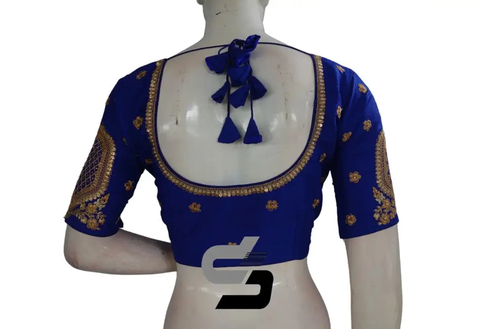 Royal Blue Color Semi Silk Designer Embroidery Readymade Saree Blouse - D3blouses