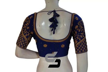 Royal Blue Color Semi Silk Designer Embroidery Readymade Saree Blouse - D3blouses