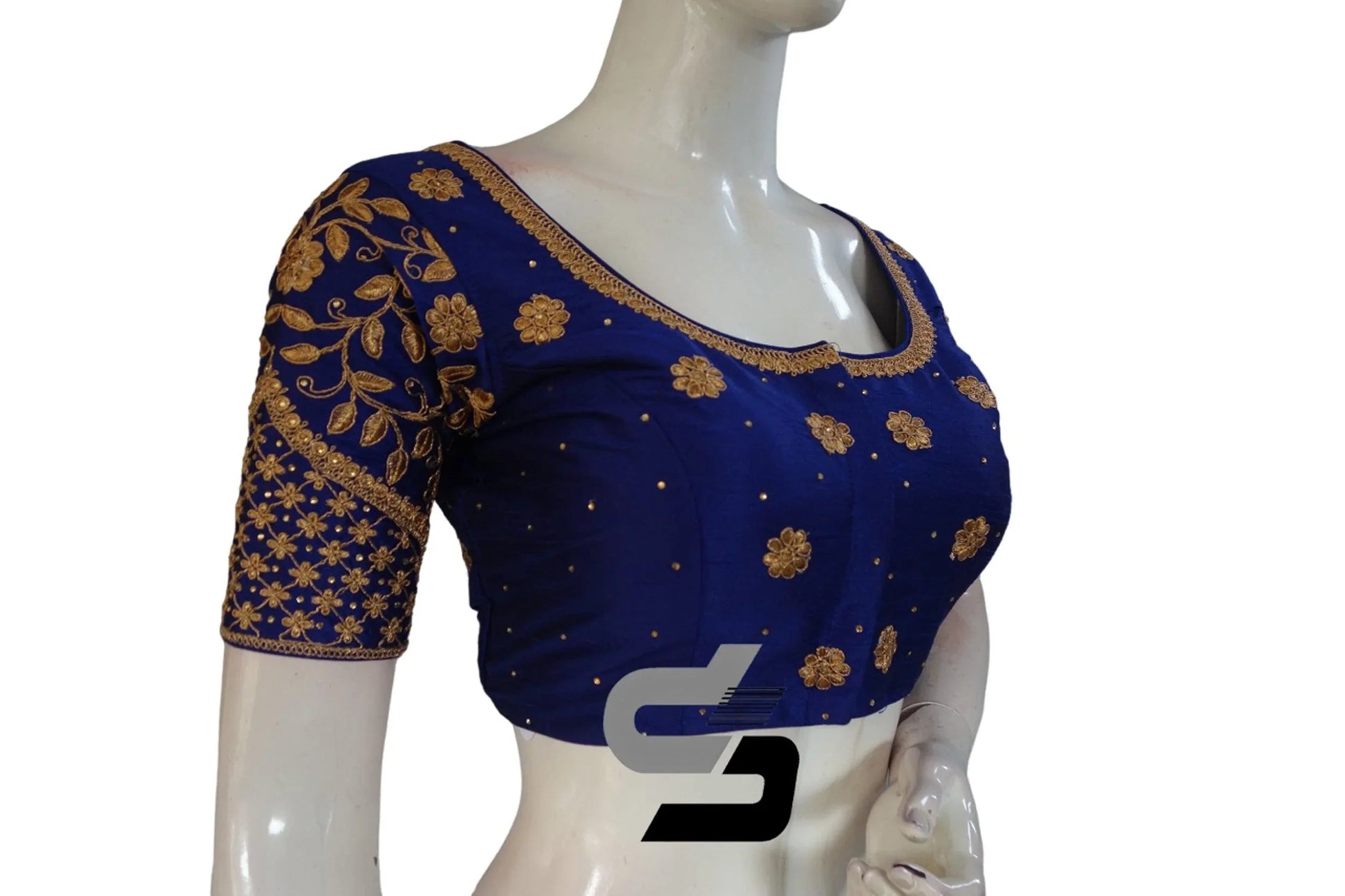 Royal Blue Color Semi Silk Designer Embroidery Readymade Saree Blouse - D3blouses