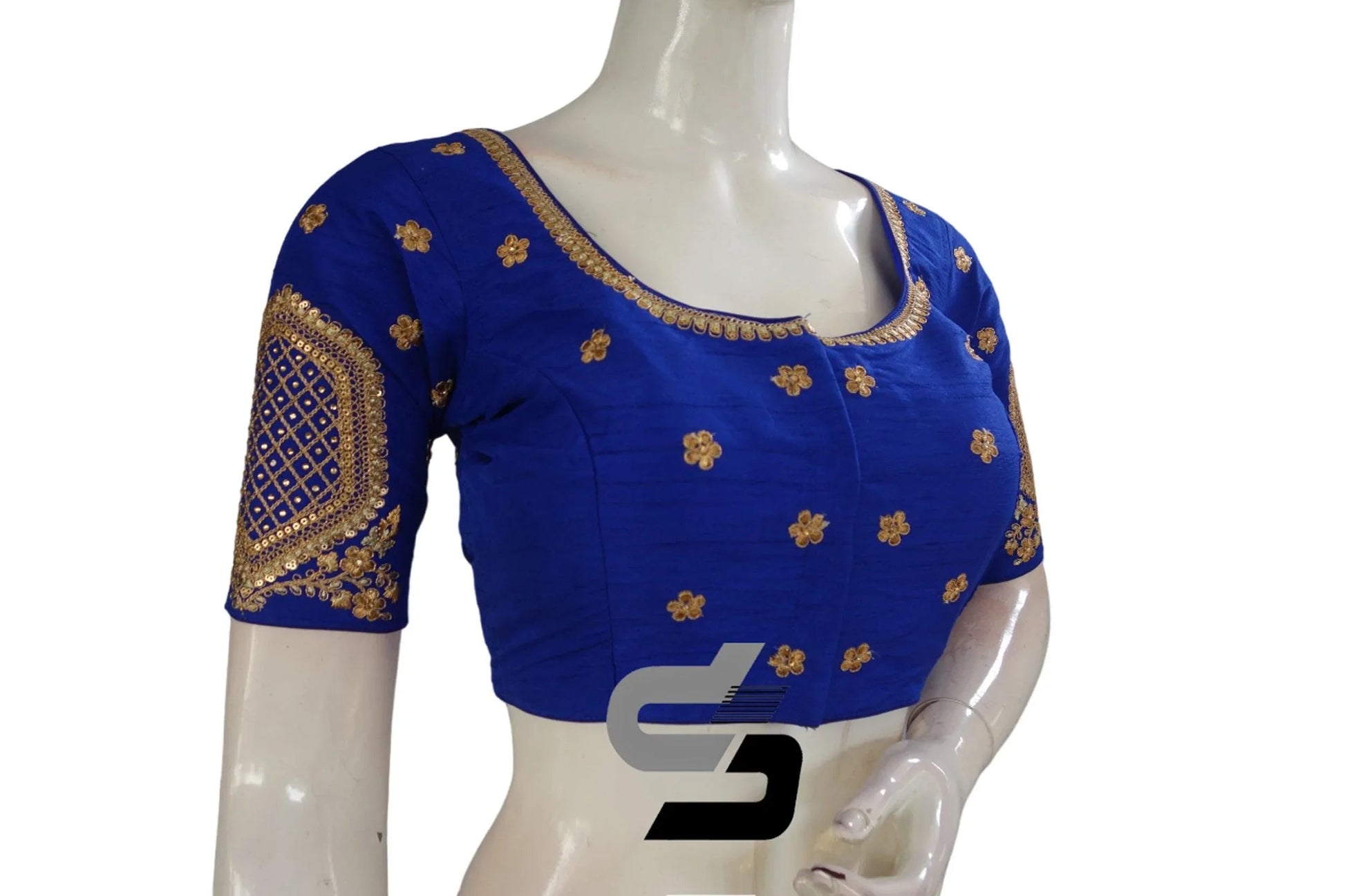 Royal Blue Color Semi Silk Designer Embroidery Readymade Saree Blouse - D3blouses
