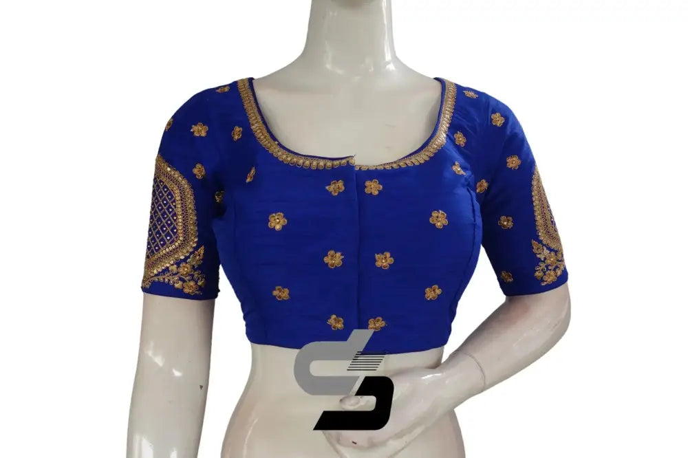 Royal Blue Color Semi Silk Designer Embroidery Readymade Saree Blouse - D3blouses