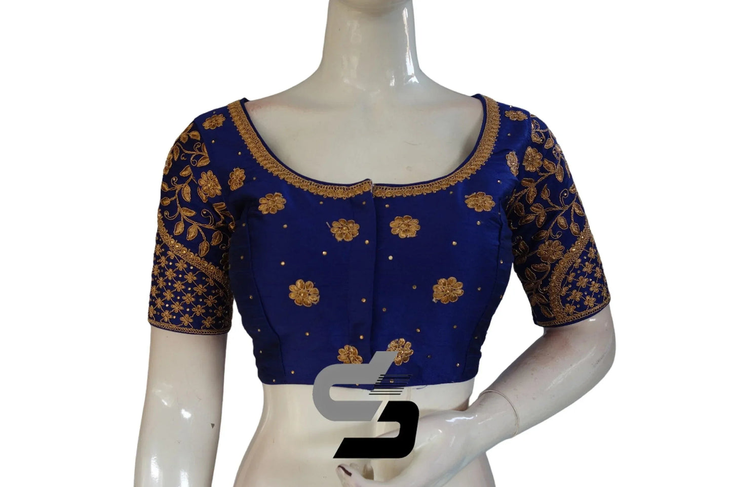 Royal Blue Color Semi Silk Designer Embroidery Readymade Saree Blouse - D3blouses