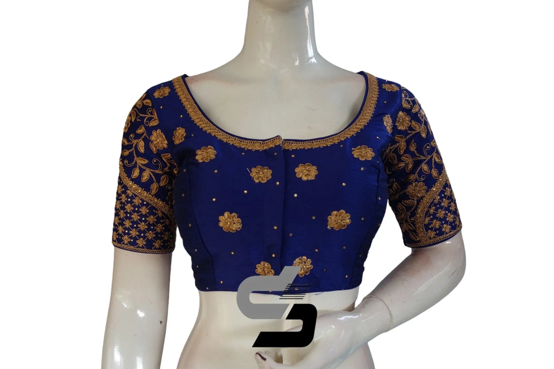 Royal Blue Color Semi Silk Designer Embroidery Readymade Saree Blouse - D3blouses