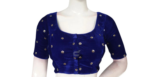 Royal Blue Color Velvet Floral Sequin Embroidery Readymade Blouse - D3blouses