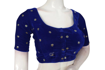 Royal Blue Color Velvet Floral Sequin Embroidery Readymade Blouse - D3blouses