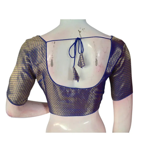 Royal Blue Elegance: Brocade Silk Readymade Saree Blouse - D3blouses