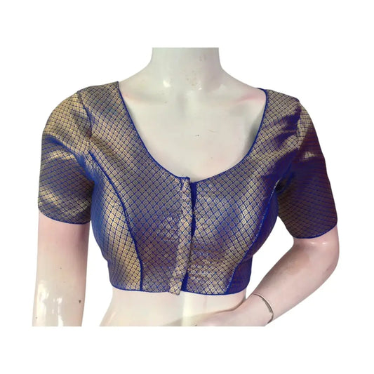 Royal Blue Elegance: Brocade Silk Readymade Saree Blouse - D3blouses