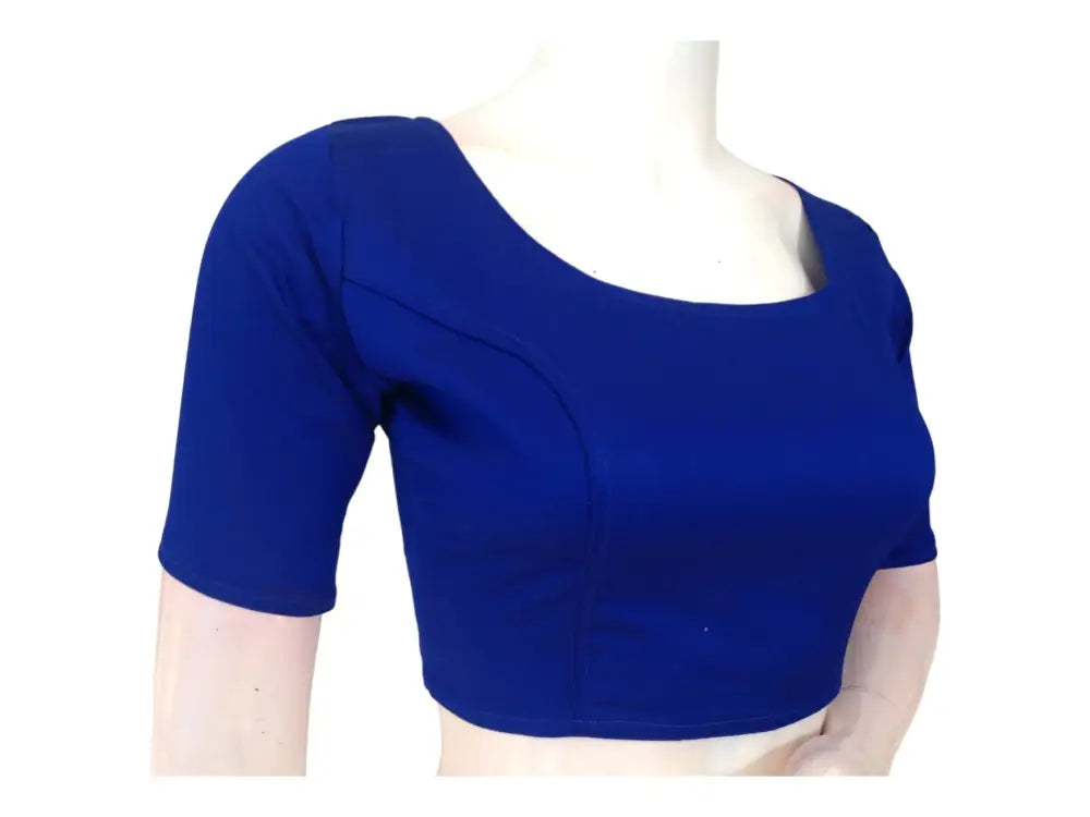 Royal Blue Regalia, Boat Neck Plain Silk Saree Readymade Blouse - D3blouses