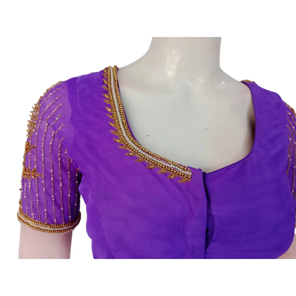 Royal Purple: Designer Netted Aari Handwork Readymade Saree Blouse - D3blouses