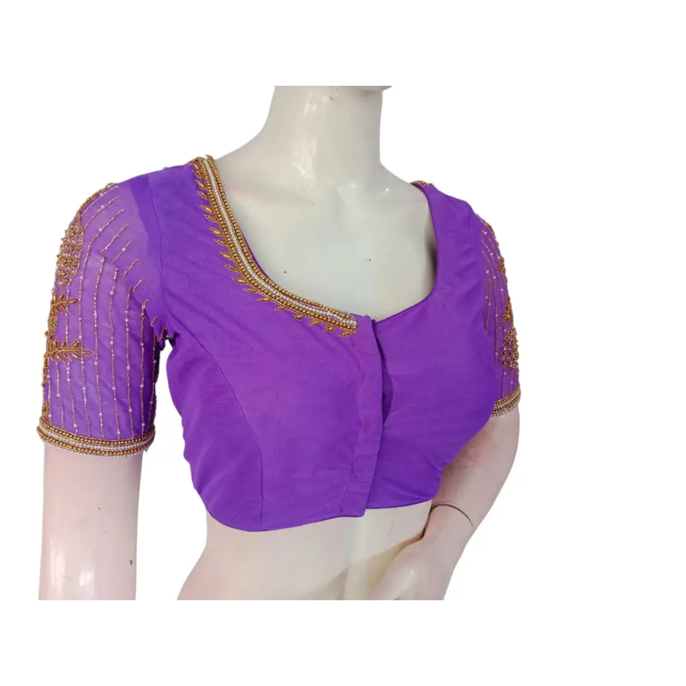 Royal Purple: Designer Netted Aari Handwork Readymade Saree Blouse - D3blouses