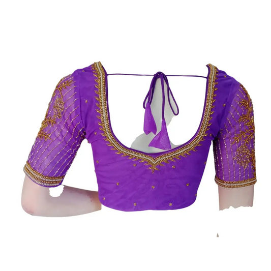 Royal Purple: Designer Netted Aari Handwork Readymade Saree Blouse - D3blouses