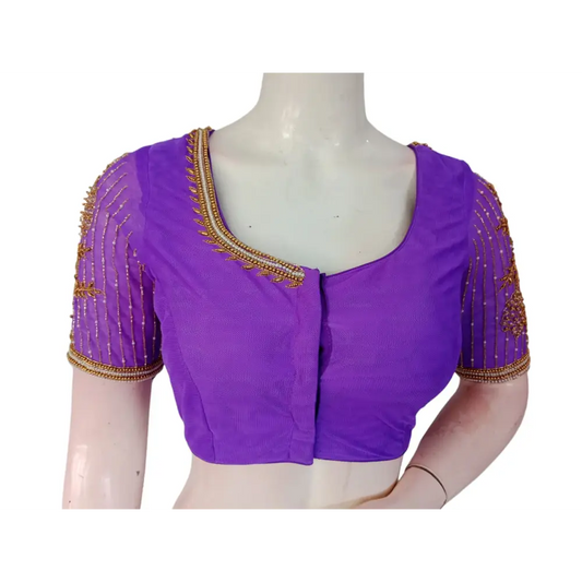Royal Purple: Designer Netted Aari Handwork Readymade Saree Blouse - D3blouses