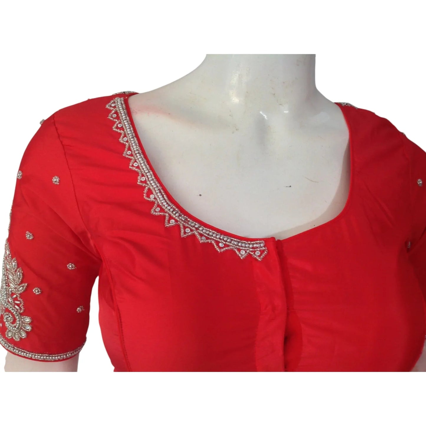 Ruby Red Silver Aari Handwork Bridal Silk Saree Blouse - A Fiery Masterpiece - D3blouses