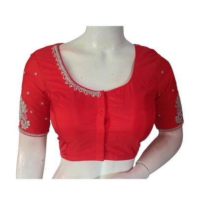 Ruby Red Silver Aari Handwork Bridal Silk Saree Blouse - A Fiery Masterpiece - D3blouses