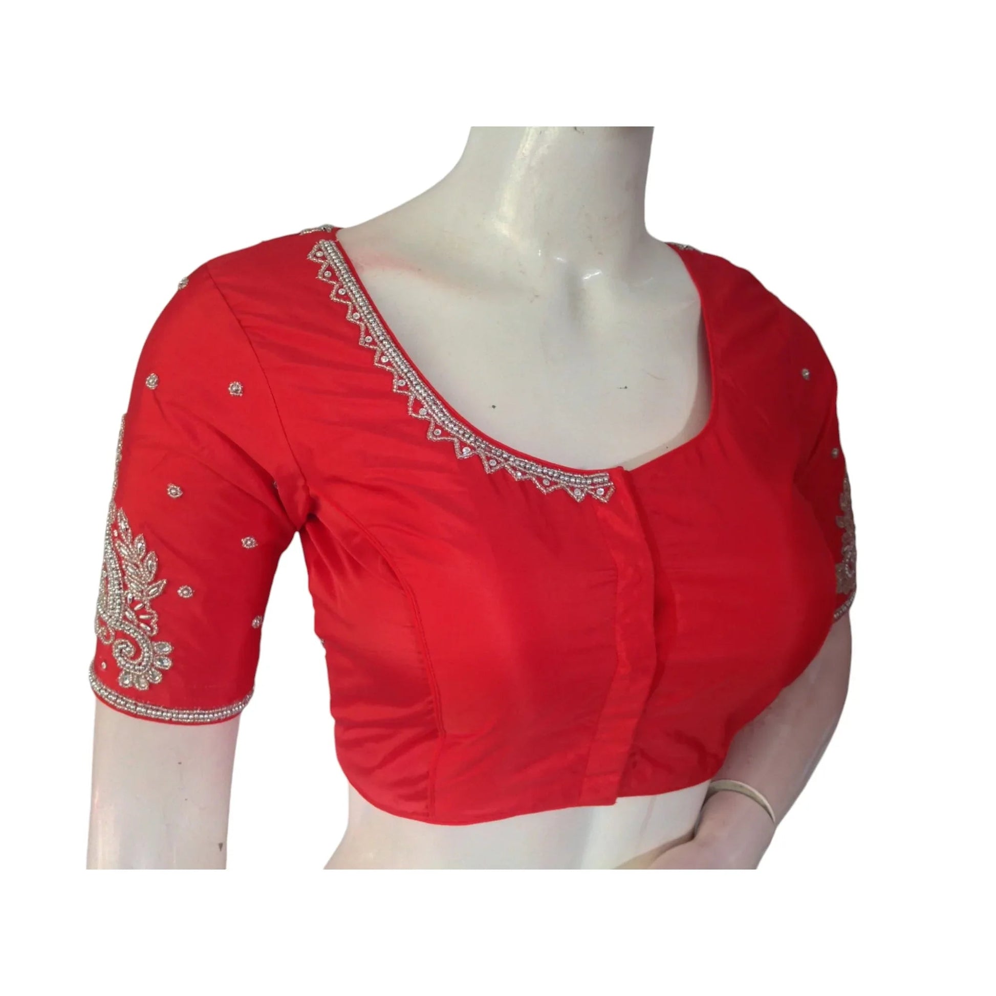 Ruby Red Silver Aari Handwork Bridal Silk Saree Blouse - A Fiery Masterpiece - D3blouses