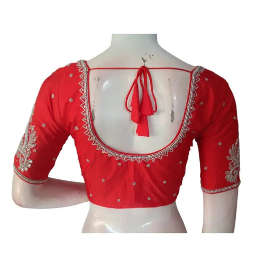 Ruby Red Silver Aari Handwork Bridal Silk Saree Blouse - A Fiery Masterpiece - D3blouses