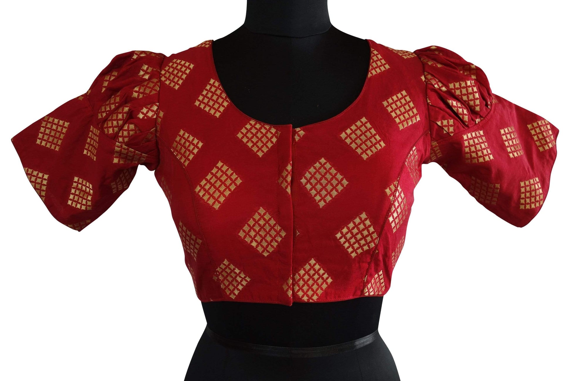Saffron Color Brocade Silk Readymade Blouse with Puff Sleeves - D3blouses