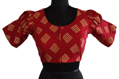 Saffron Color Brocade Silk Readymade Blouse with Puff Sleeves - D3blouses