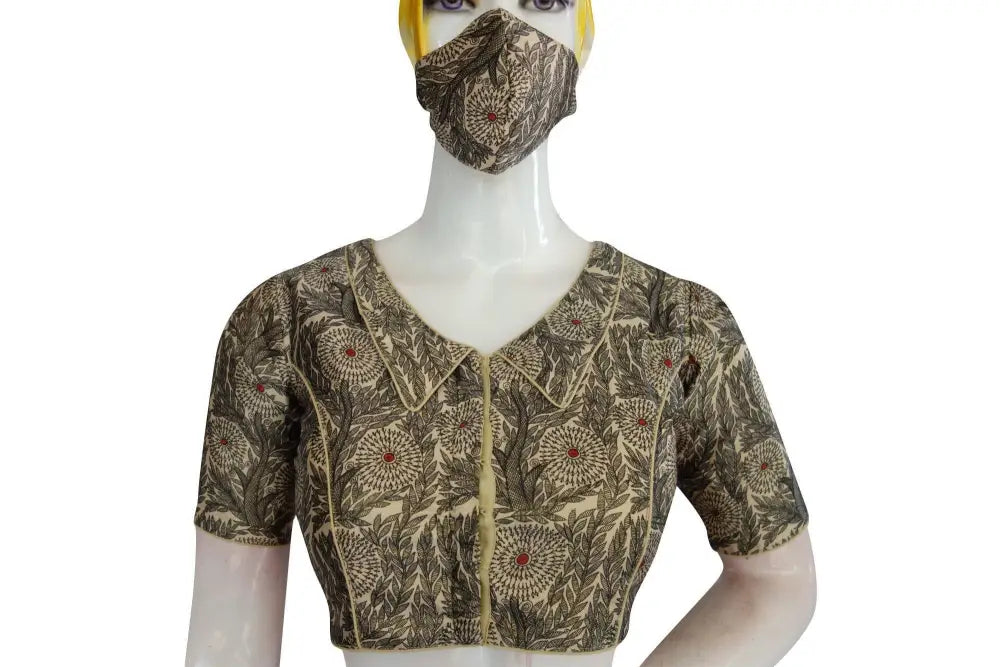 Satin Silk Peter Pan Collar Readymade Blouse With Matching Mask - D3blouses