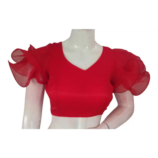 Scarlet Red Organza Ruffle Sleeve Readymade Saree Blouse | Modern Designer Choli - D3blouses