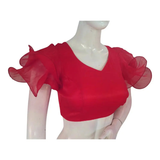 Scarlet Red Organza Ruffle Sleeve Readymade Saree Blouse | Modern Designer Choli - D3blouses