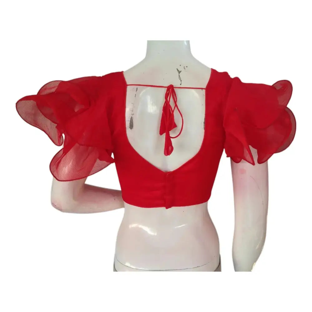 Scarlet Red Organza Ruffle Sleeve Readymade Saree Blouse | Modern Designer Choli - D3blouses