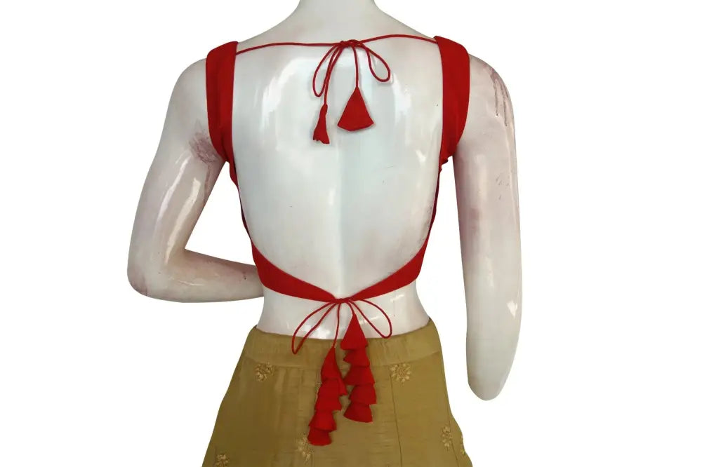 Scarlet Sensation, Red Plain Semi Silk Designer Readymade Saree Blouse - D3blouses