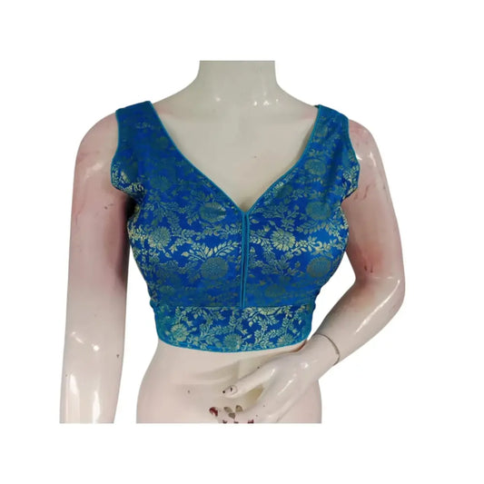 Serene Blue Banaras Silk Ready made Saree Blouse: Timeless Elegance - D3blouses