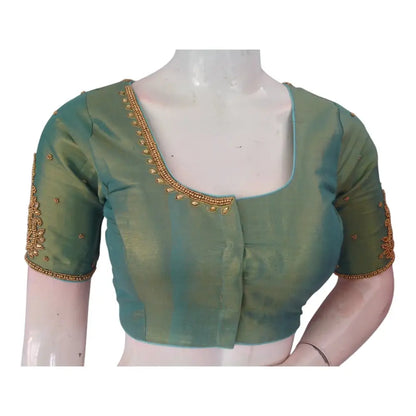 Serene Teal Green Tissue Silk Blouse with Intricate Aari Work - D3 Blouses - D3blouses