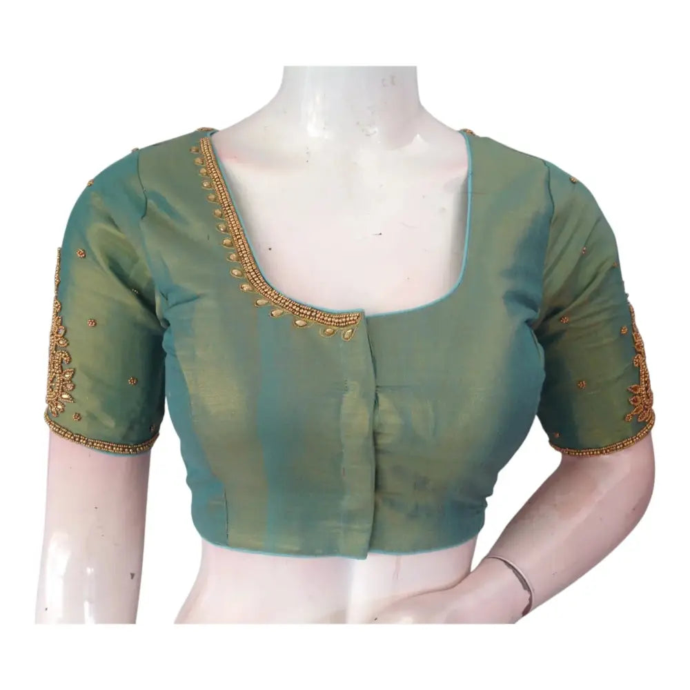 Serene Teal Green Tissue Silk Blouse with Intricate Aari Work - D3 Blouses - D3blouses
