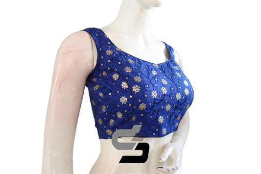 Shimmering Splendor: Navy Blue Designer Sequin Embroidery Readymade Saree Blouse with Mobile Pouch - D3blouses