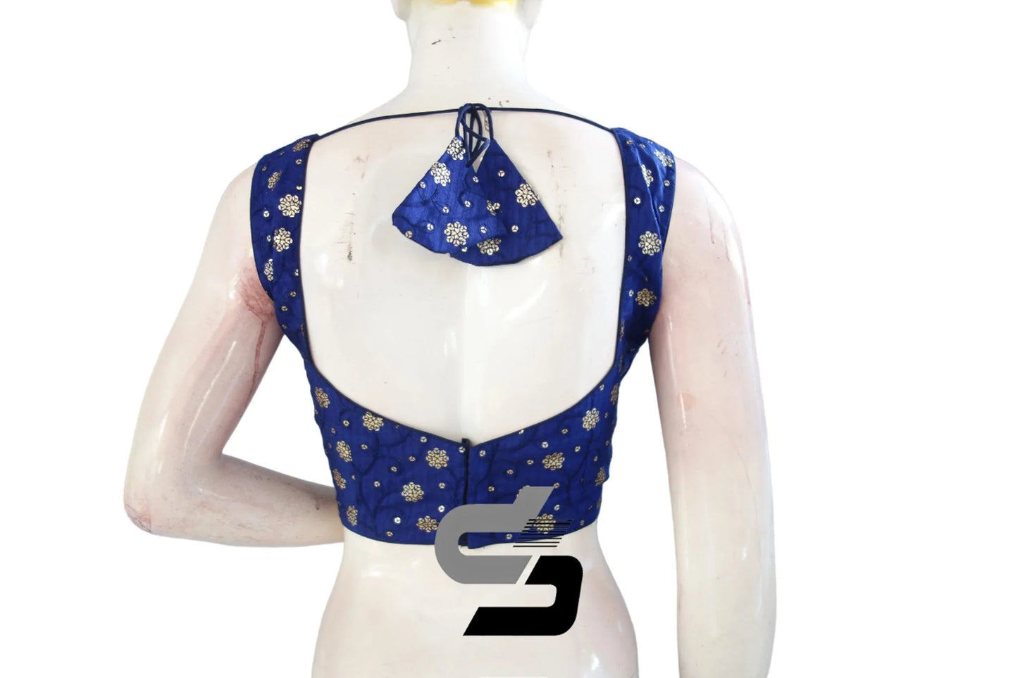 Shimmering Splendor: Navy Blue Designer Sequin Embroidery Readymade Saree Blouse with Mobile Pouch - D3blouses