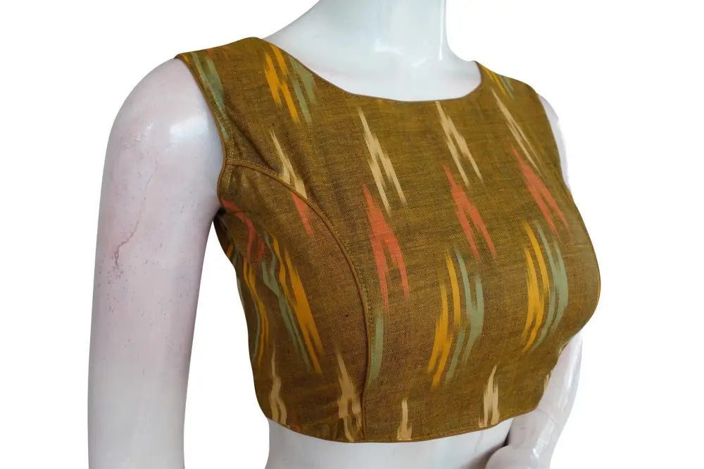 Shop Mustard Color Ikkat Boat Neck Designer Blouse Online with Back Tie - D3blouses