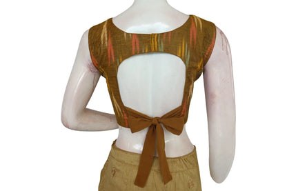 Shop Mustard Color Ikkat Boat Neck Designer Blouse Online with Back Tie - D3blouses