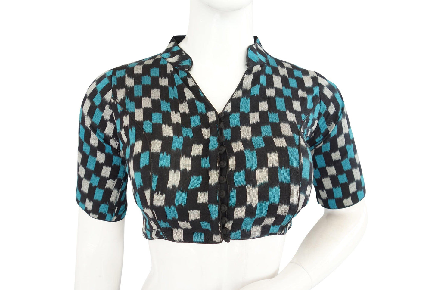 Shop Now for Blue Ikkat Collar Designer Readymade Saree Blouses - D3blouses