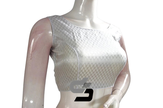 Silver Color Boat Neck Brocade Silk Designer Readymade Saree Blouse - D3blouses