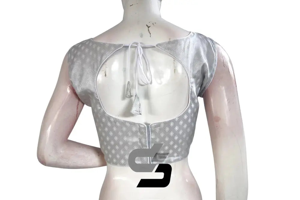Silver Color Boat Neck Brocade Silk Designer Readymade Saree Blouse - D3blouses